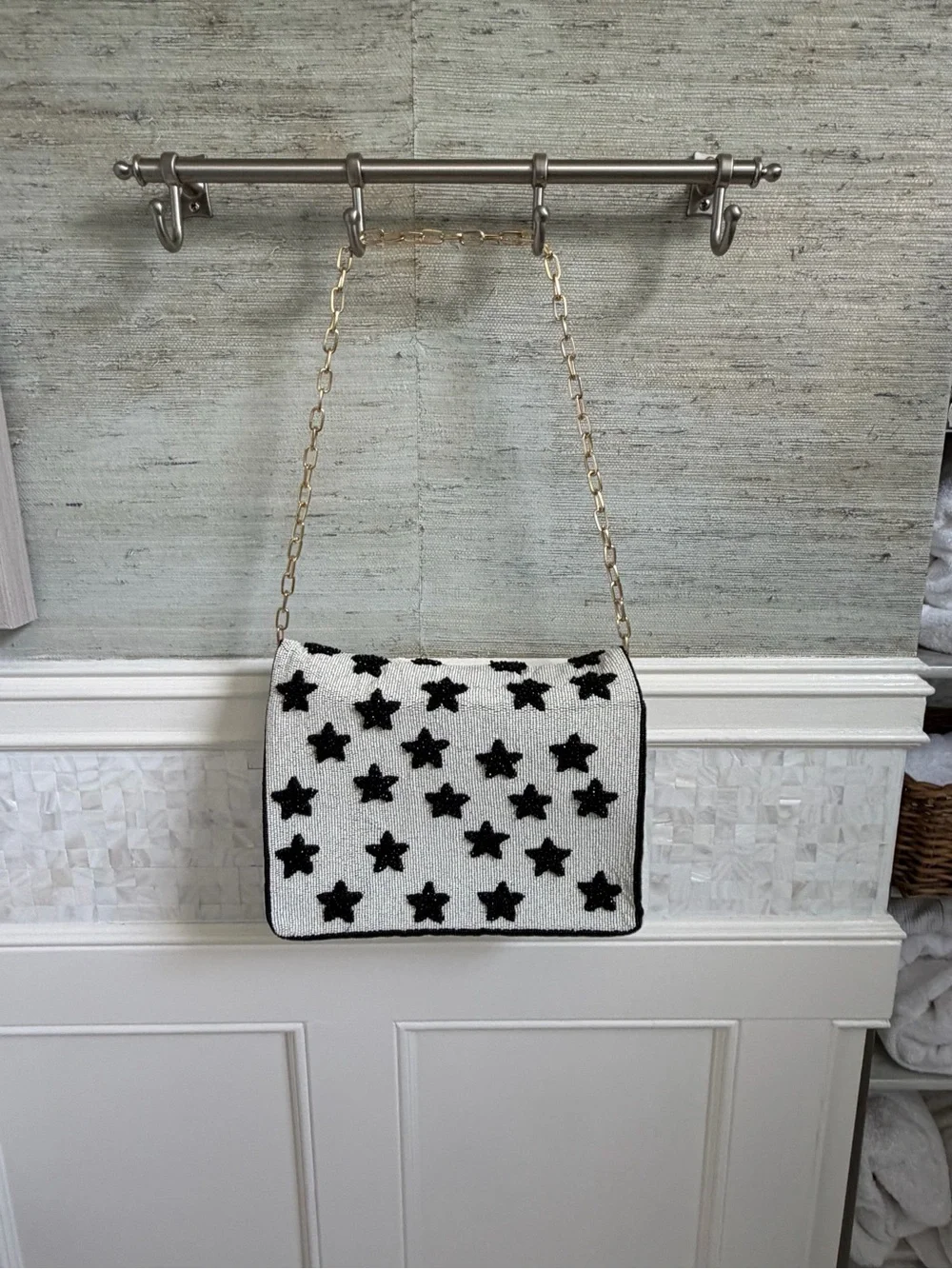 New Anthropologie oversized Maeve Beaded shoulder bag black stars white chain